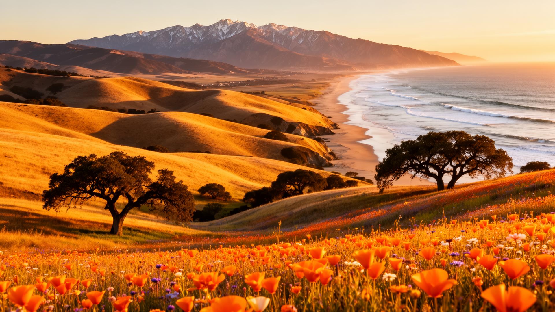 Golden California hills meeting the Pacific coastline, snow-capped Sierra in the distance, and a field of orange poppies in bloom